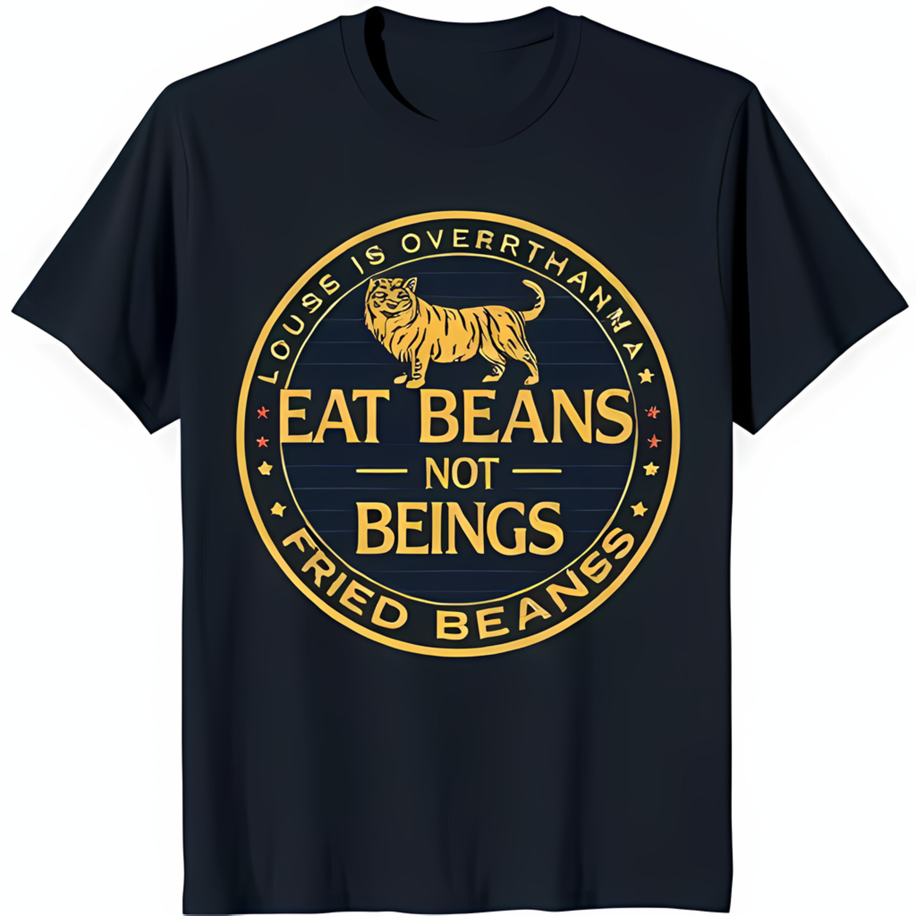 Black TShirt with Yellow Graphic and 'Eat Beans Not Beings' Text