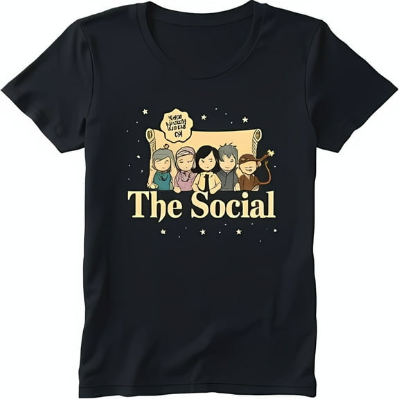 Black T-Shirt with Yellow Graphic of Five Musicians on Couch 'The Social' Design with Stars & Speech Bubble 'Keep Watching We
