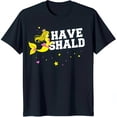thumbnail image 1 of Black T-Shirt with Yellow Holding Seashell & Crown 'HAVE SHALD' Design, 1 of 5