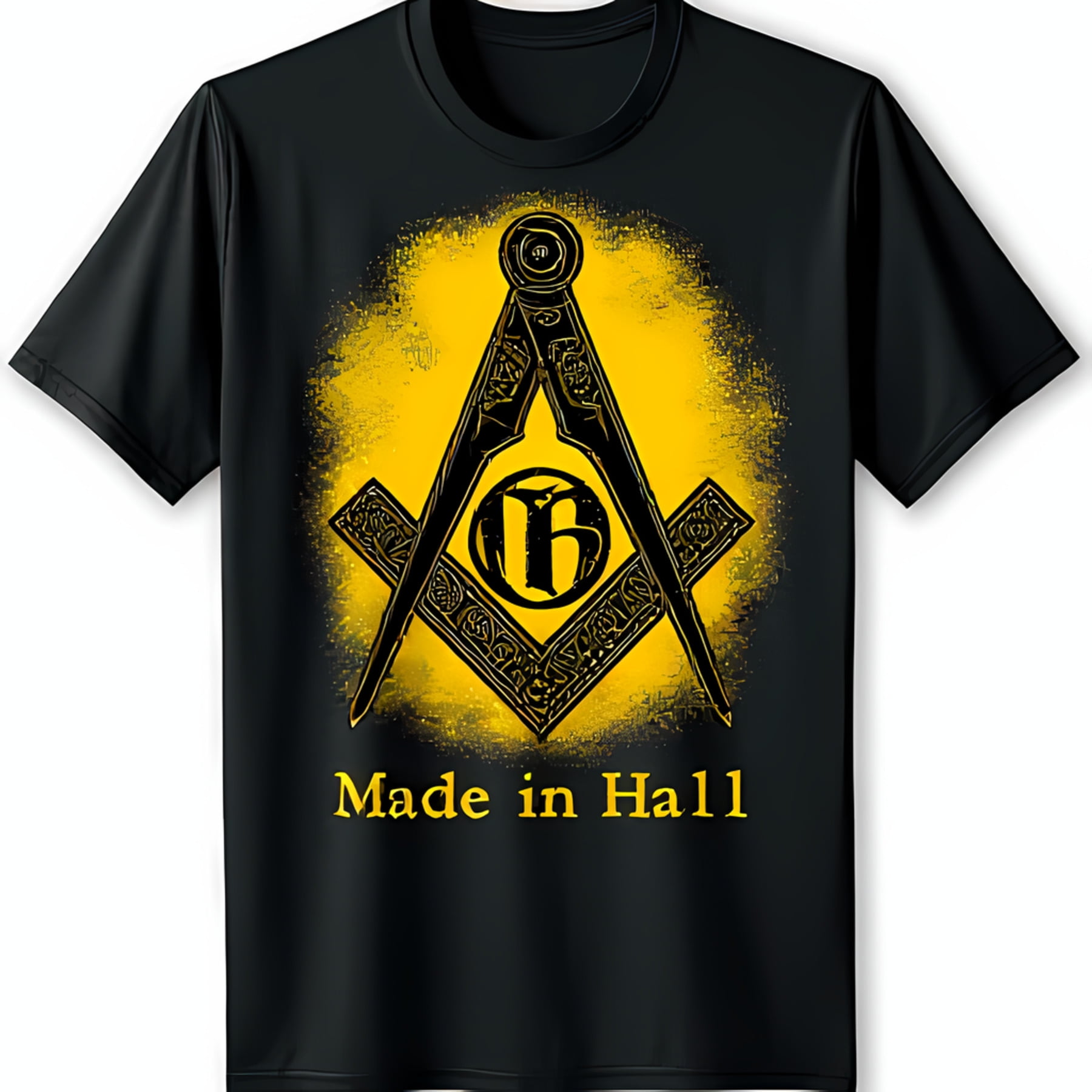 Black TShirt with Yellow Masonic & Square Graphic Made in Hall