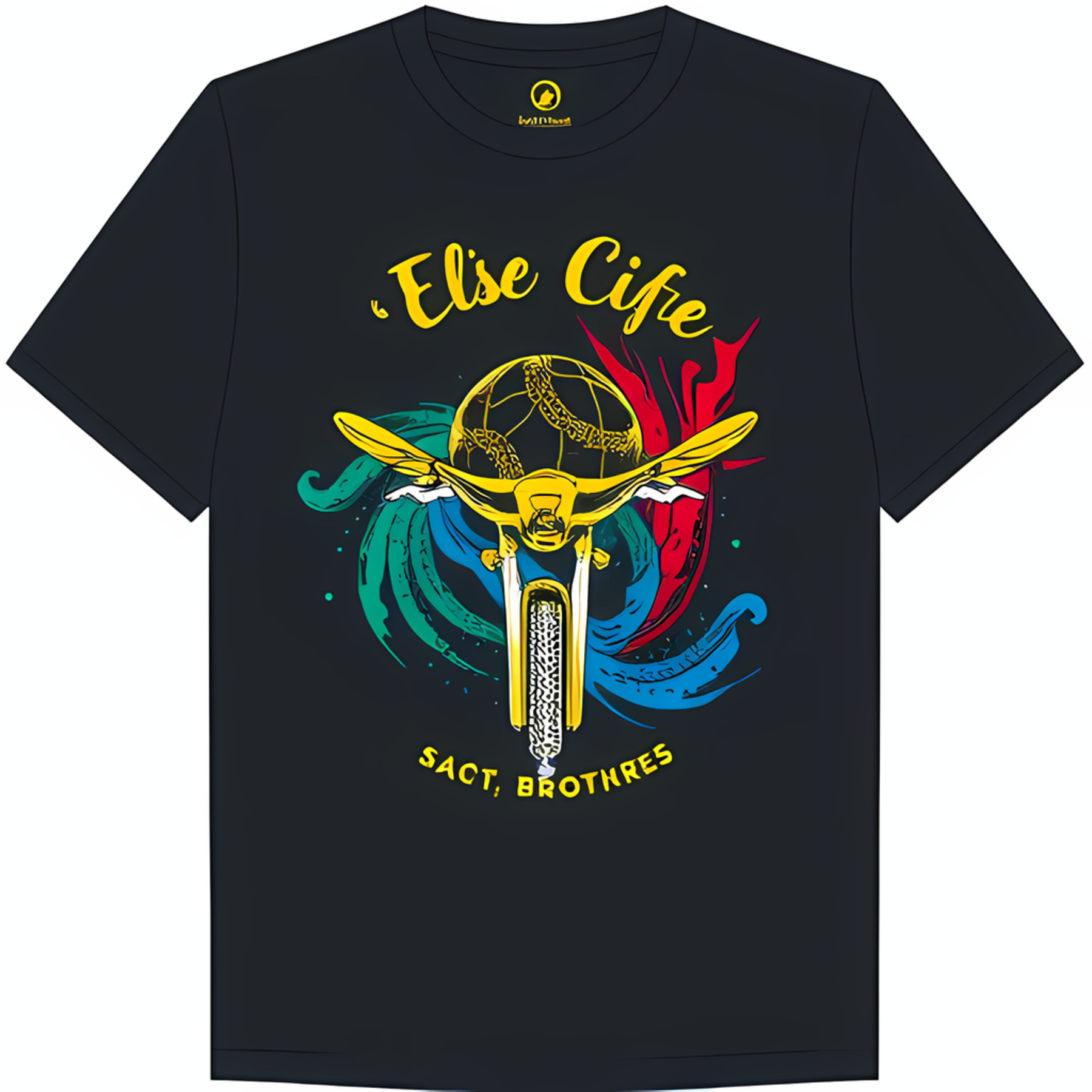 Black TShirt with Yellow Motorcycle and Soccer Ball Headlight Design