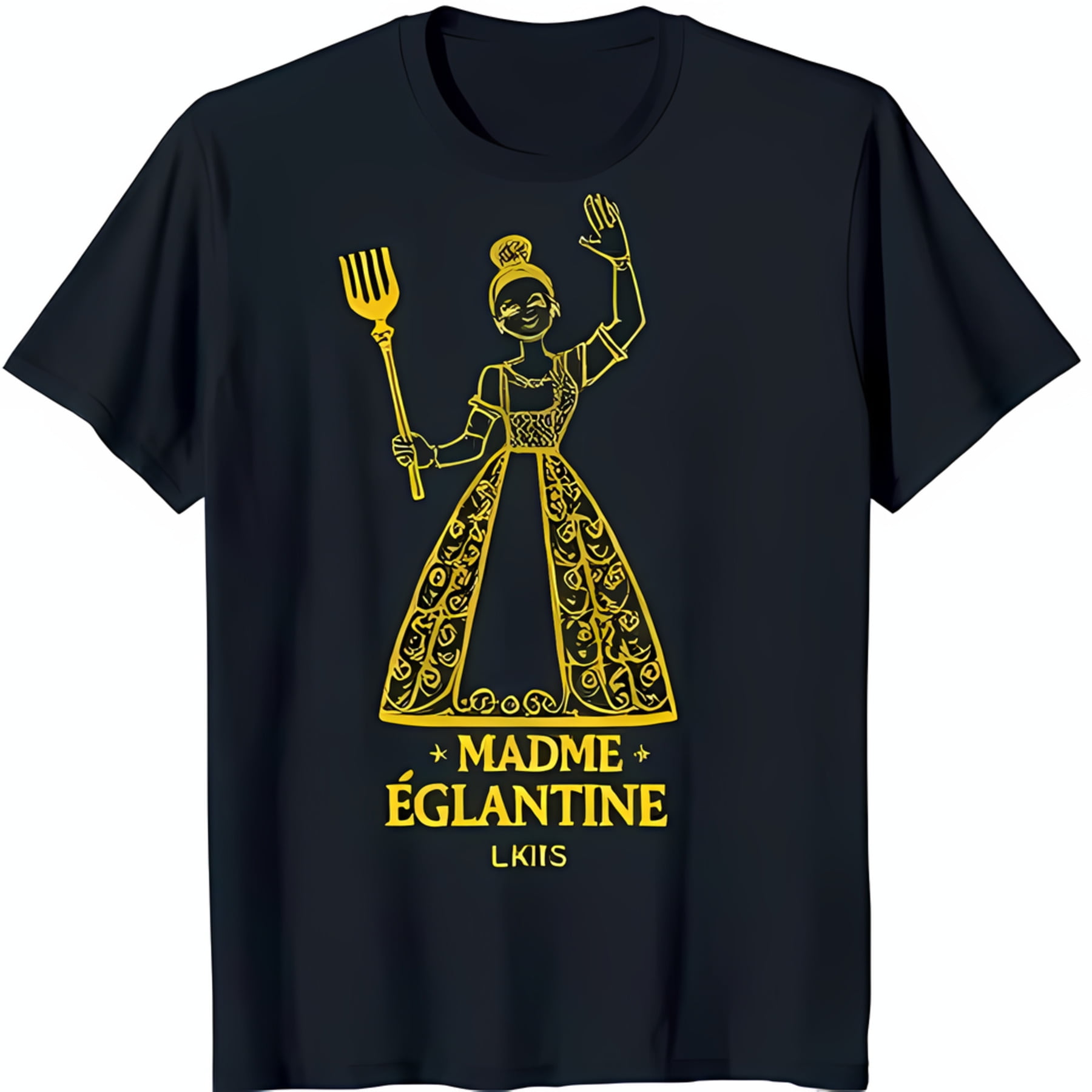 Black TShirt with Yellow Outline of Woman in Dress Holding Pitchfork