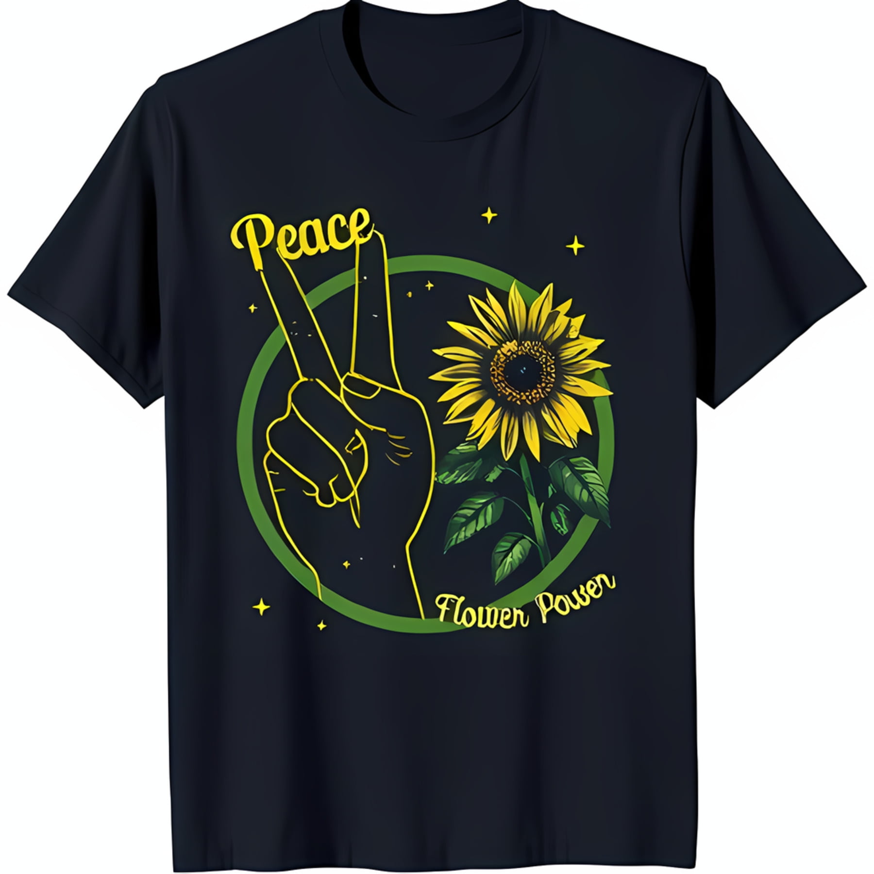 Black T-Shirt with Yellow Peace Sign Hand Gesture & Sunflower Graphic ...