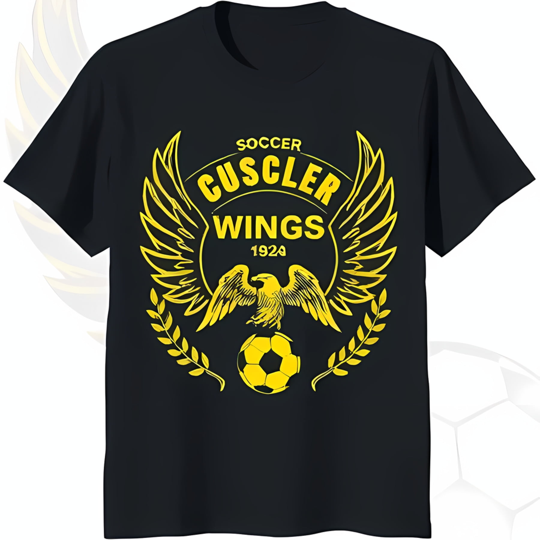 Black TShirt with Yellow Soccer Ball & Eagle Wings Graphic 'Soccer