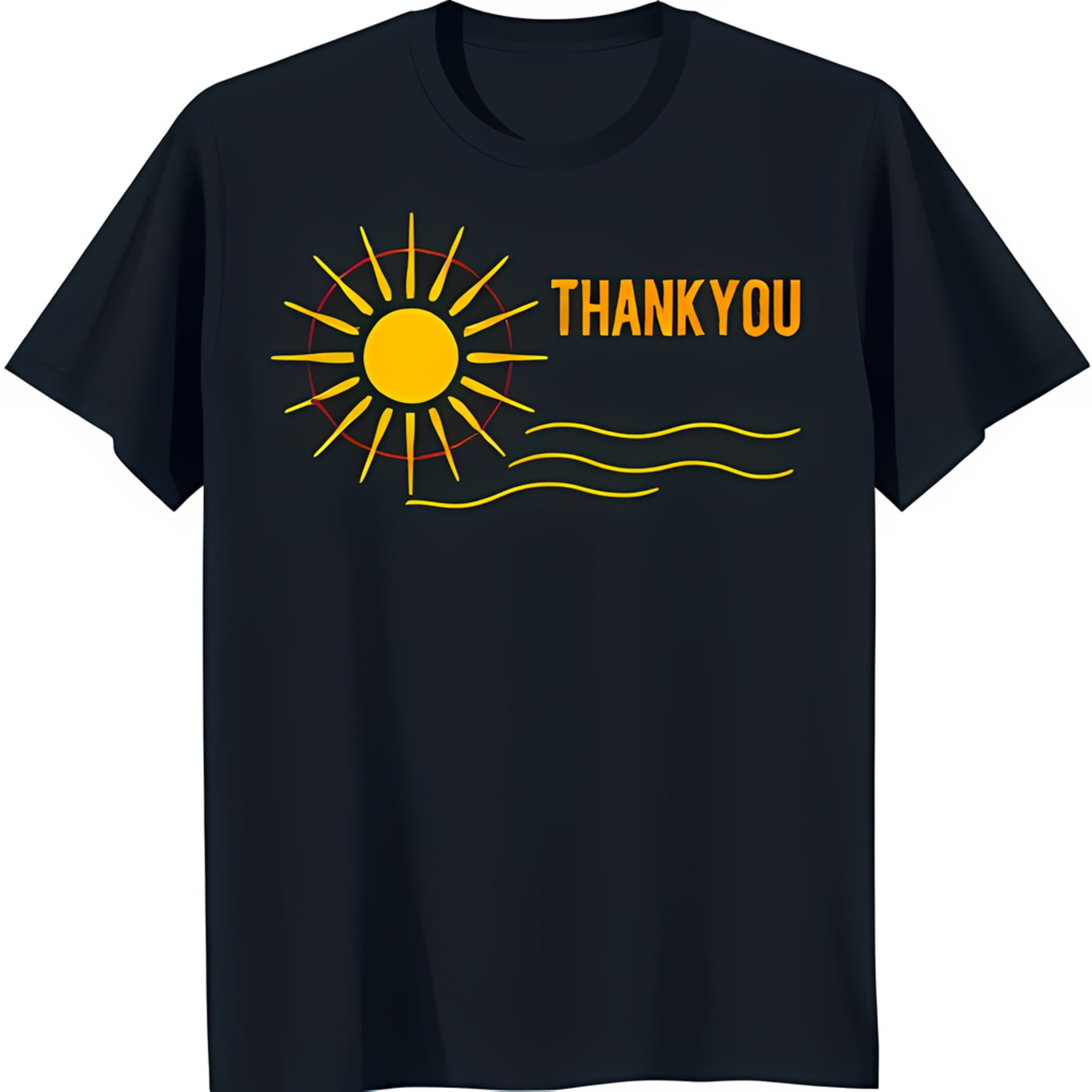 Black TShirt with Yellow Sun & Red 'THANK YOU' Graphic Design