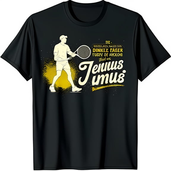 Black T-Shirt with Yellow Tennis Player Design Racket & Splatter Effect Tennis umus Graphic Tee
