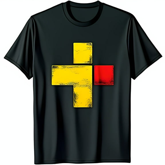 Black T-Shirt with Yellow and Red Plus Sign Graphic Design