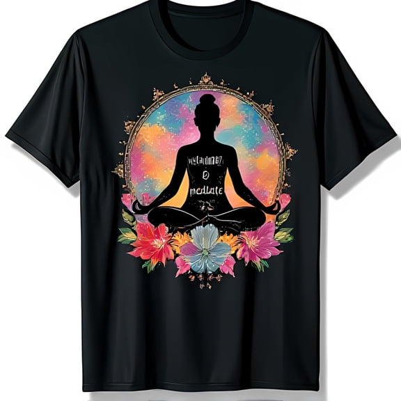 Black T-Shirt with Yoga & Vibrant Design Breathe Meditate Graphic Tee
