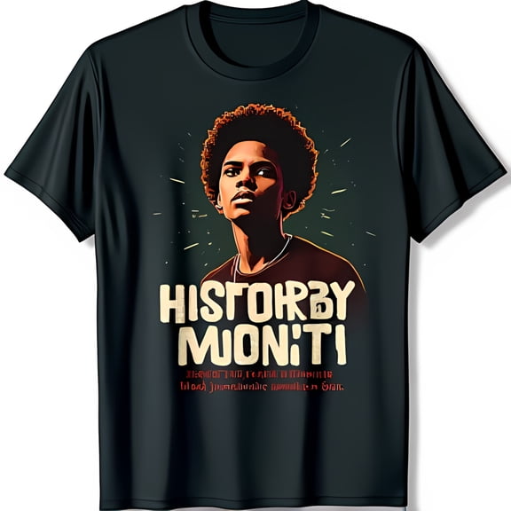 Black T-Shirt with Young Black Man Graphic HISTORY BY MONTH Design Bold Yellow Text