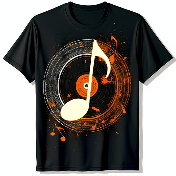 Black T-Shirt with and White Record Player Design & Music
