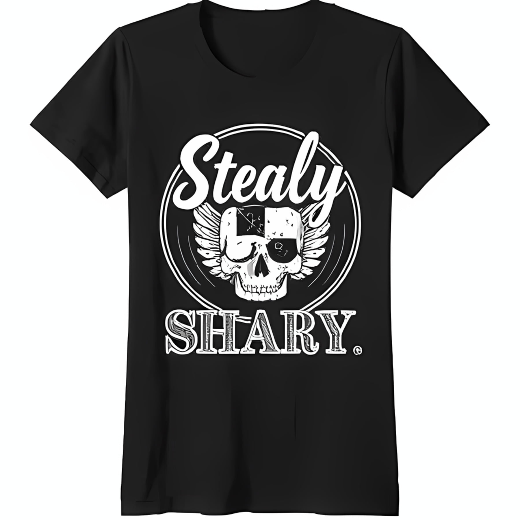 Black TShirt with and Wings Graphic 'Stealy Shary' Circle Design