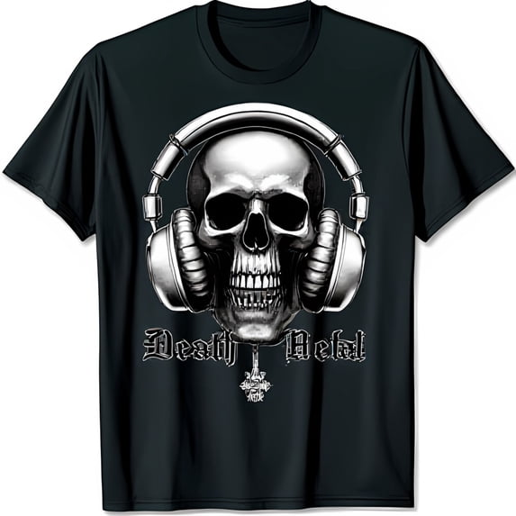 Black T-Shirt with in Headphones & Gothic Death Metal Graphic