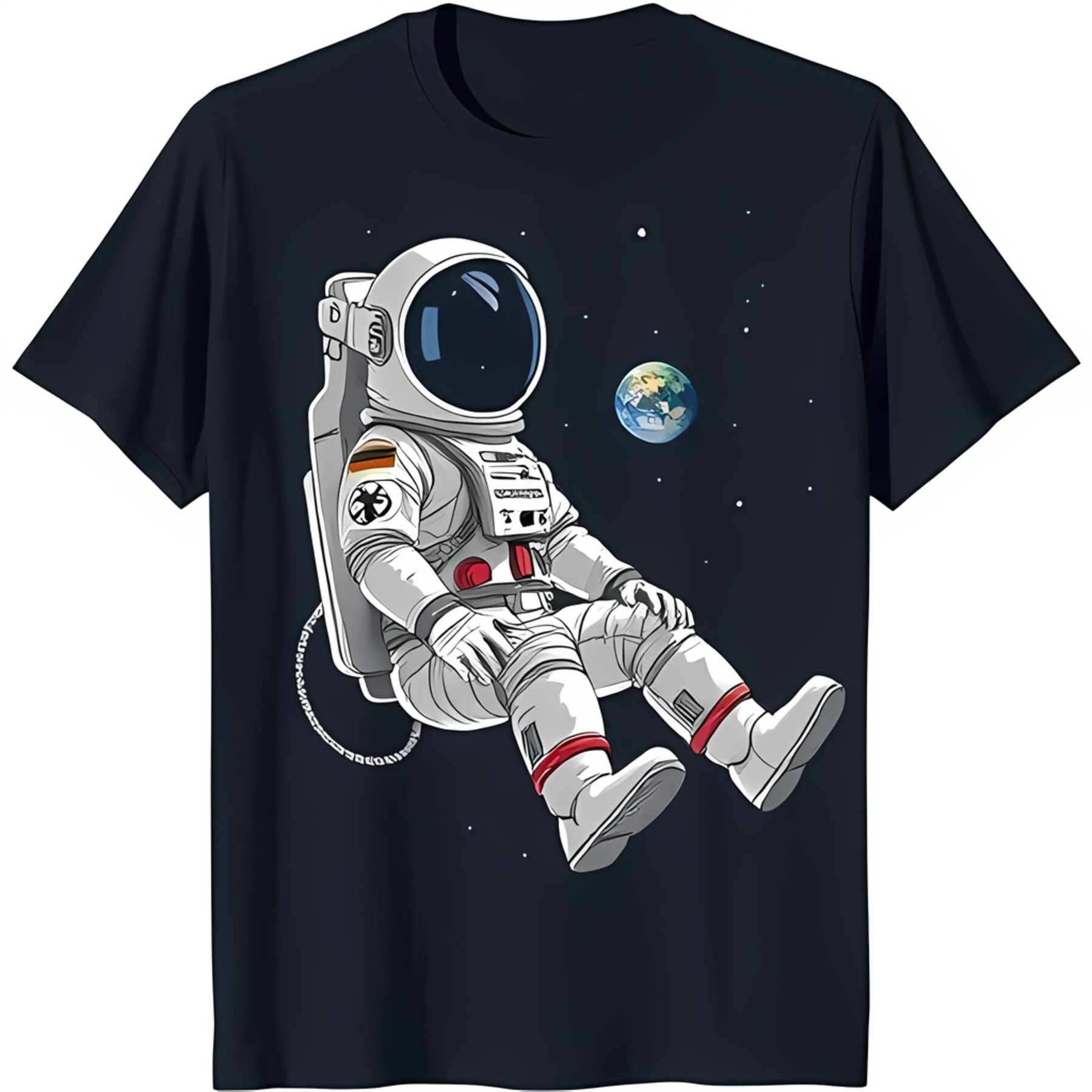 Black TShirt with in Space Design White Spacesuit Earth & Stars