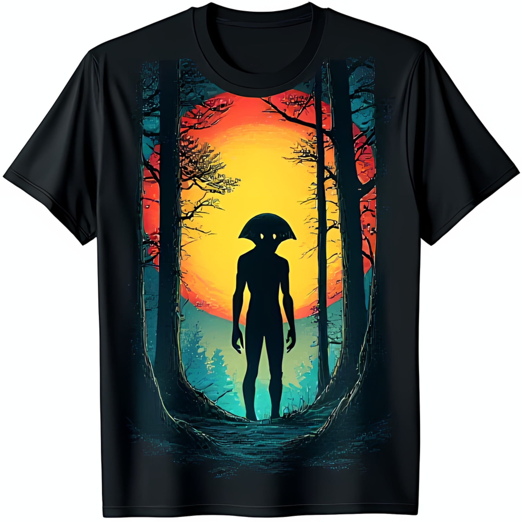 Black TShirt with of Tall Humanoid Figure & Rising Sun