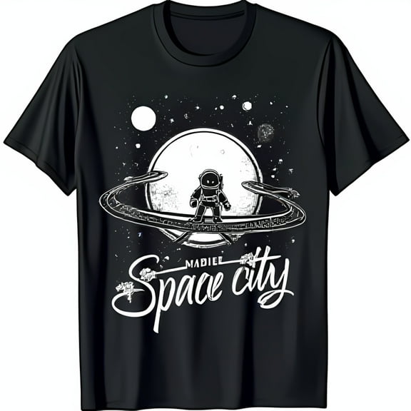 Black T-Shirt with on Moon Design Space City Cursive Print