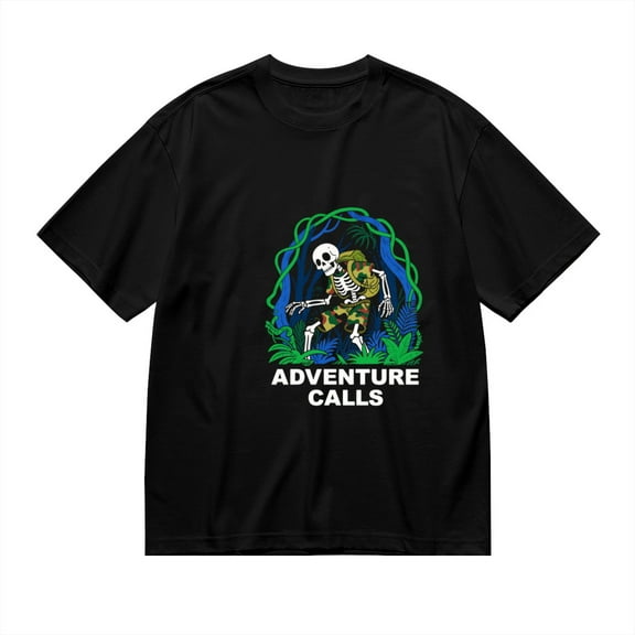 Black T Shirts for Men, Adventure Calls, Jungle Skull Print Mens Graphic Tees, 24014006,S