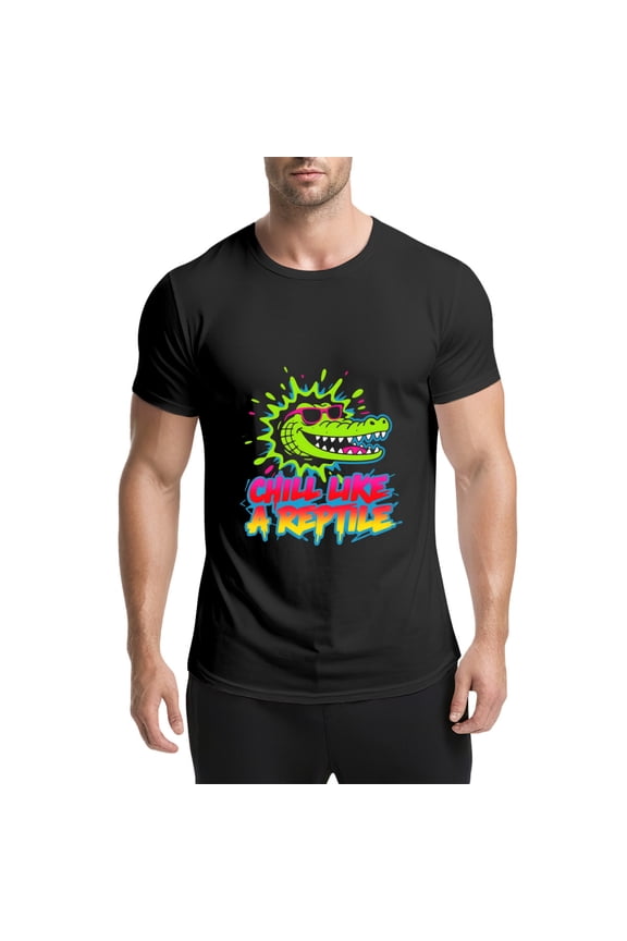 Black T Shirts for Men, Alligator,Sunglasses,Chill Like A Reptile,Graphic Mens Graphic Tees, 25060568,S