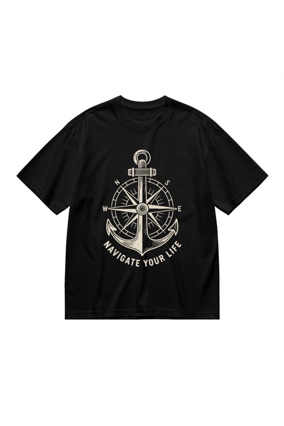 Black T Shirts for Men, Anchor, Compass, Navigate Your Life, Graphic 1 Mens Graphic Tees, 24827635,XL