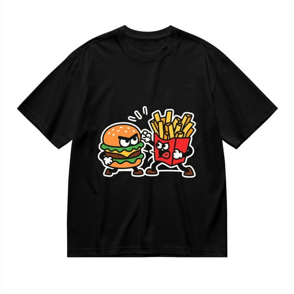 Black T Shirts for Men, Angry Burger, Fries, Food Fight Graphic Mens Graphic Tees, 24827617,XXL