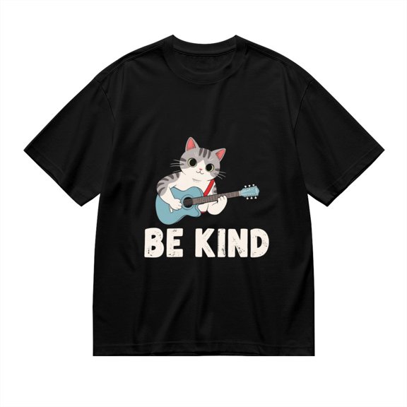 Black T Shirts for Men, BE KIND, Guitar Cat Print 1 Mens Graphic Tees, 24816173,XXL