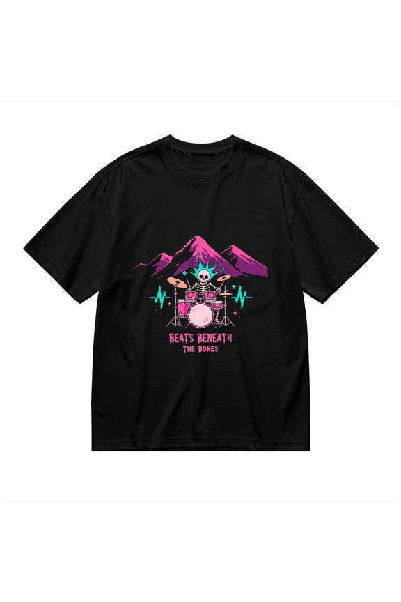 Black T Shirts for Men, Beats Beneath The Bones, Skeleton Print Mens Graphic Tees, 24013979,L