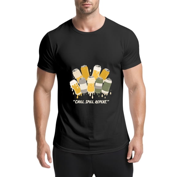 Black T Shirts for Men, Beer Cans, Liquid Spill, Chill Spill Repeat Graphic 3 Mens Graphic Tees, 25061303,M