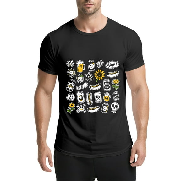 Black T Shirts for Men, Beer, Hot Dog, Sun, Party Stickers Graphic Mens Graphic Tees, 25061392,XL