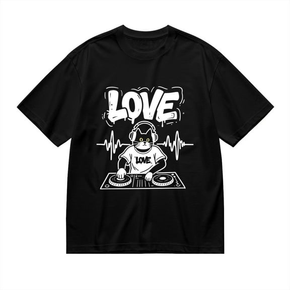 Black T Shirts for Men, Black Cat DJ Love, Graphic Mens Graphic Tees, 24936648,S