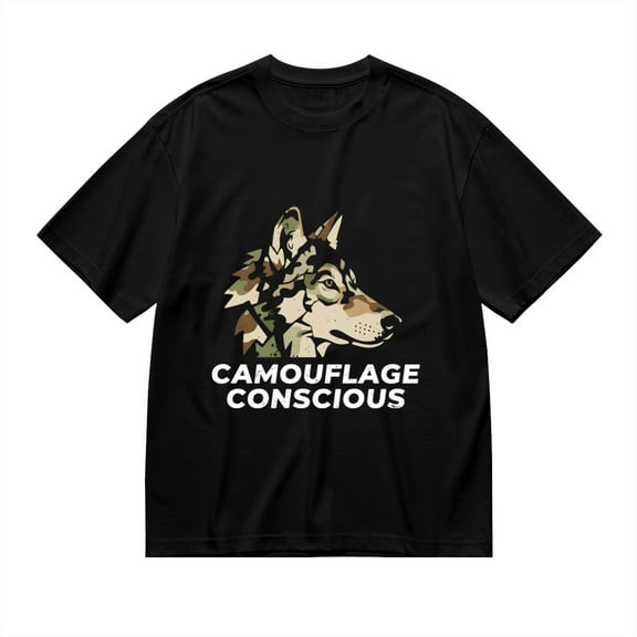 Black T Shirts for Men, CAMOUFLAGE CONSCIOUS, Wolf Camo Print 1 Mens Graphic Tees, 24816302,S