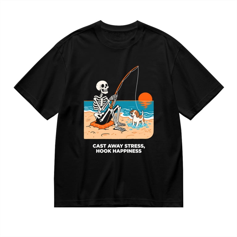 Black T Shirts for Men, Cast Away Stress, Hook Happiness, Skeleton