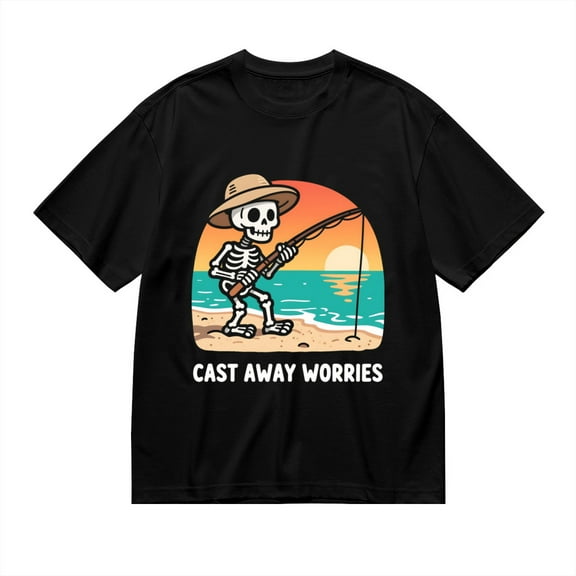 Black T Shirts for Men, Cast Away Worries, Fishing Skull Print 1 Mens Graphic Tees, 24013998,S