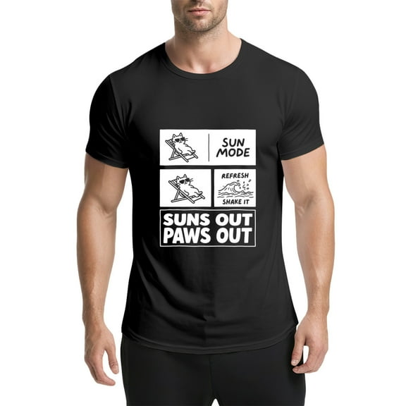 Black T Shirts for Men, Cat,Beach Chair,Waves,Sun Mode Refresh Shake It Suns Out Paws Out Graphic 1 Mens Graphic Tees, 25060581,S