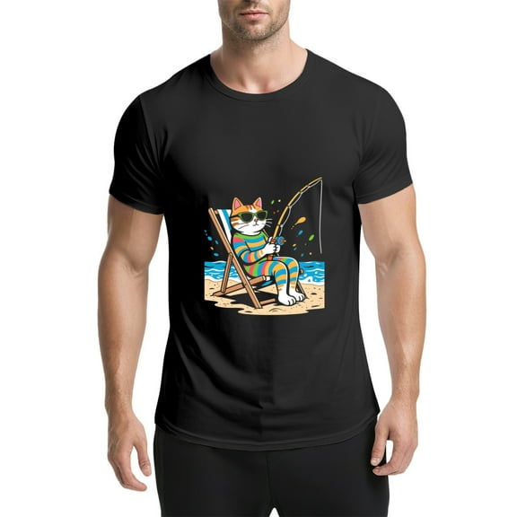 Black T Shirts for Men, Cat,Fishing,Colorful Outfit,Beach Chair,Wave,Graphic Mens Graphic Tees, 25060543,S