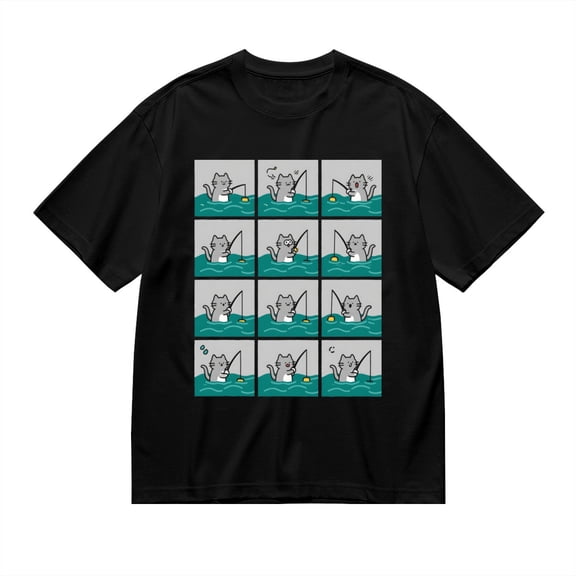 Black T Shirts for Men, Cat, Fishing, Comic Sequence Graphic Mens Graphic Tees, 24898390,3XL