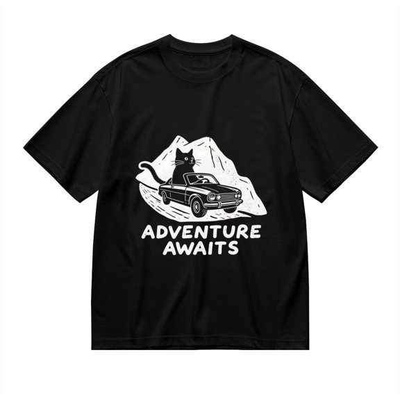 Black T Shirts for Men, Cat, Vintage Car, Adventure Awaits Graphic Mens Graphic Tees, 24898397,3XL