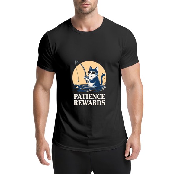 Black T Shirts for Men, Cat With Sunglasses,Fishing Rod,Patience Rewards,Graphic 1 Mens Graphic Tees, 25060427,S