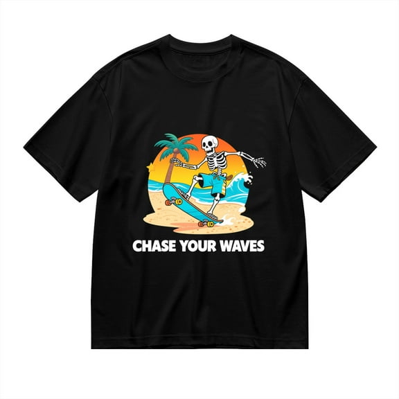 Black T Shirts for Men, Chase Your Waves, Surfing Skull Print Mens Graphic Tees, 24014021,3XL