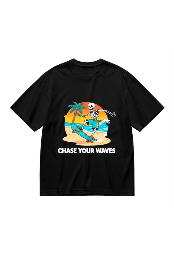 Black T Shirts for Men, Chase Your Waves, Surfing Skull Print Mens Graphic Tees, 24014021,3XL