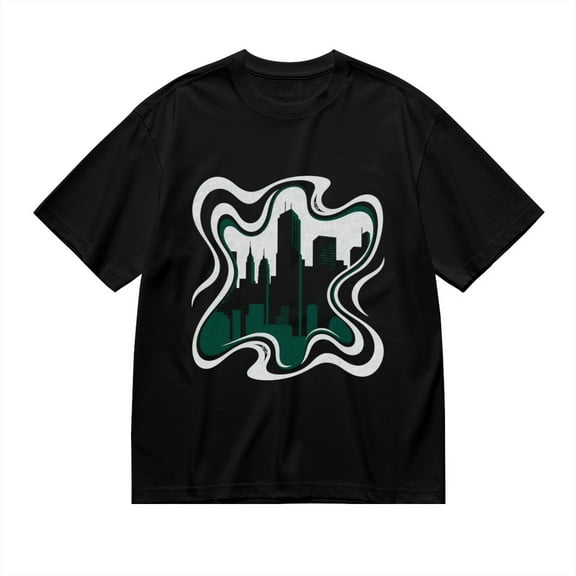 Black T Shirts for Men, City Skyline, Abstract Waves Graphic Mens Graphic Tees, 24898497,XL