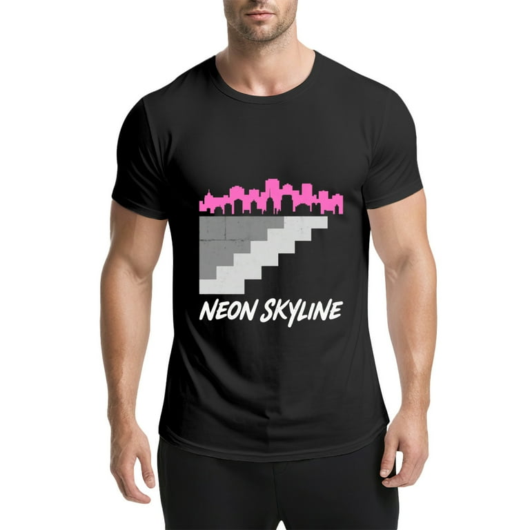 Black T Shirts for Men, Cityscape, Pink Neon, Neon Skyline Graphic