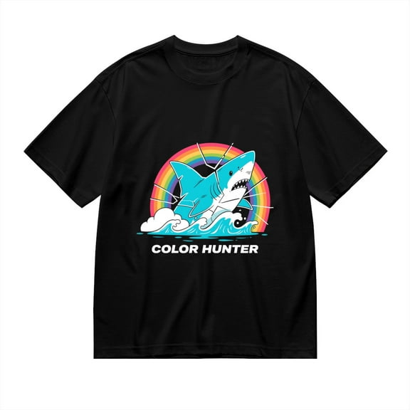 Black T Shirts for Men, Color Hunter,Shark Rainbow Print Mens Graphic Tees, 24013818,M