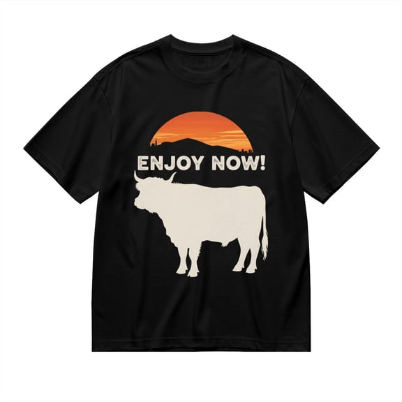 Black T Shirts for Men, Cow Sunset Enjoy Now, Graphic Mens Graphic Tees, 24936647,S