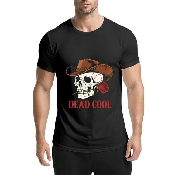 Black T Shirts for Men, Cowboy Skull, Rose, Dead Cool, Graphic 1 Mens Graphic Tees, 25060495,S