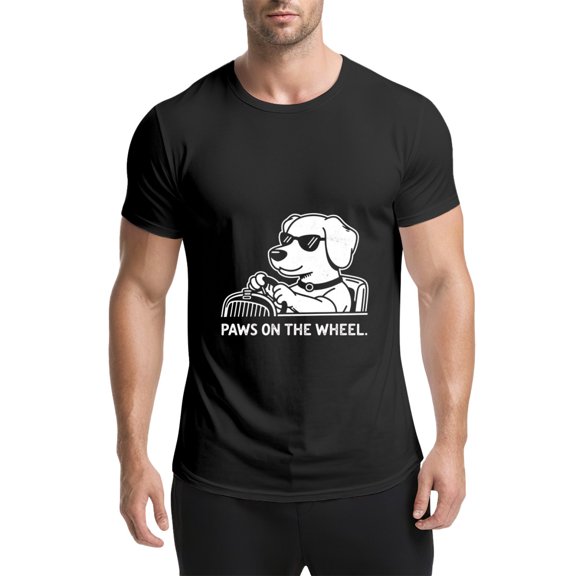 Black T Shirts for Men, Dog, Car, Steering Wheel, Paws On The Wheel Graphic Mens Graphic Tees, 25061408,3XL