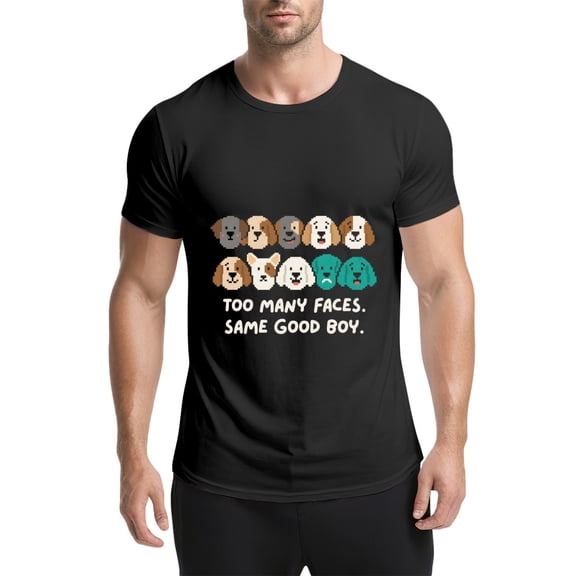 Black T Shirts for Men, Dog Faces, Pixel Art, Too Many Faces Same Good Boy Graphic Mens Graphic Tees, 25061215,S