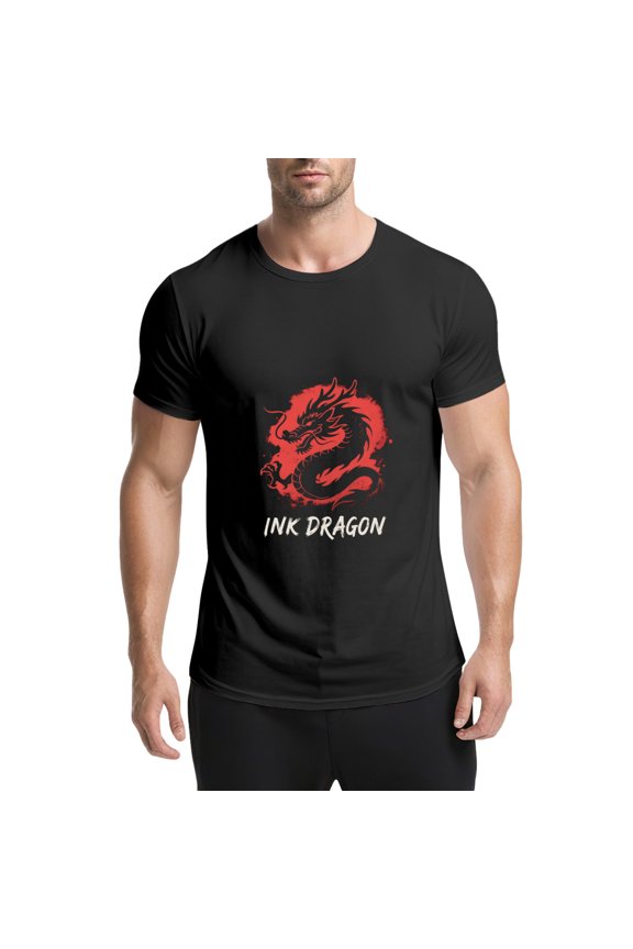 Black T Shirts for Men, Dragon, Red Ink Circle, Ink Dragon Graphic 2 Mens Graphic Tees, 25061464,3XL
