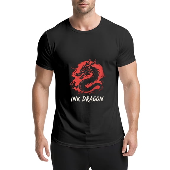 Black T Shirts for Men, Dragon, Red Ink Circle, Ink Dragon Graphic 2 Mens Graphic Tees, 25061464,S
