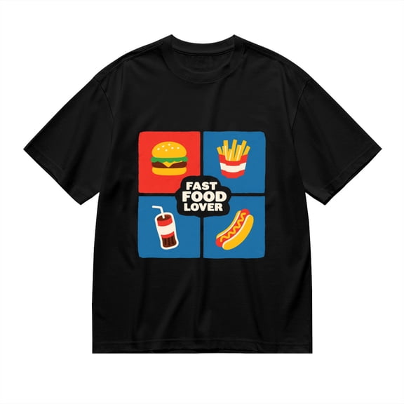 Black T Shirts for Men, Fast Food Lover, Burger Fries Print Mens Graphic Tees, 24816355,3XL