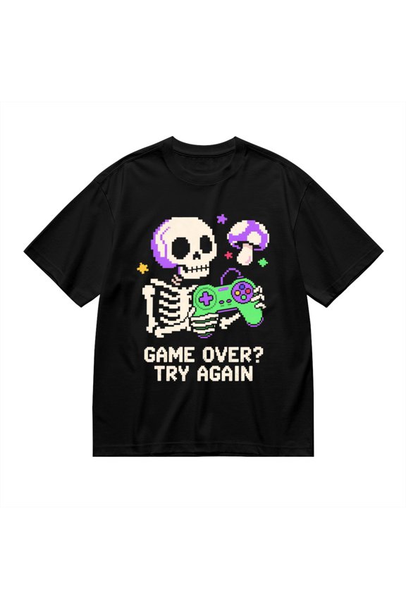 Black T Shirts for Men, Game Over Try Again, Skeleton Print 2 Mens Graphic Tees, 24013864,3XL