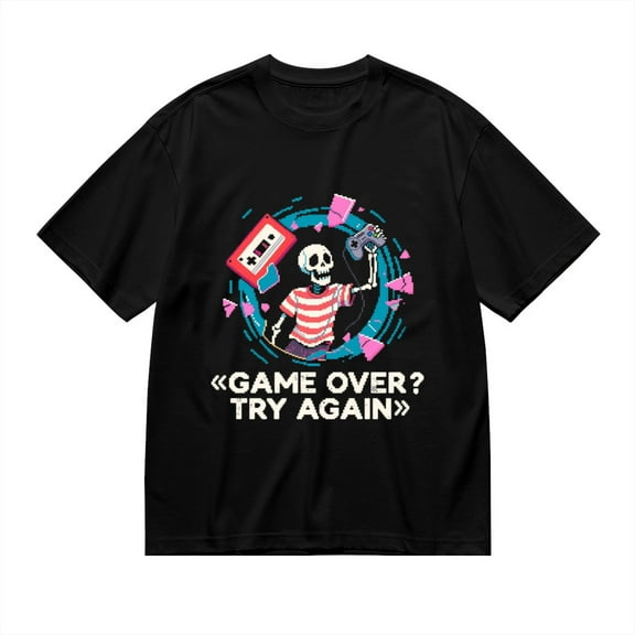 Black T Shirts for Men, Game Over, Try Again,Skeleton With Gamepad Print 1 Mens Graphic Tees, 24013952,S